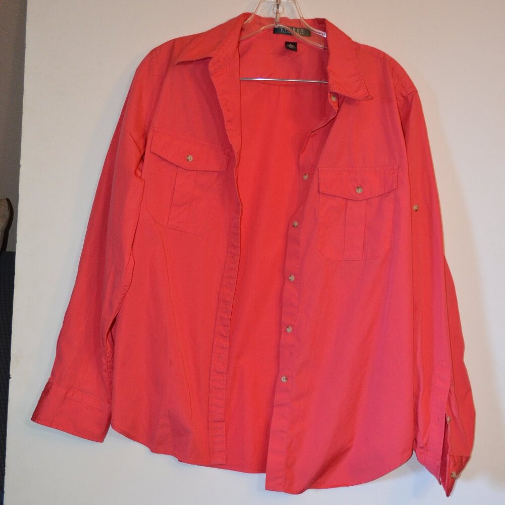 LAUREN Ralph Lauren 100% Cotton Rose Red Long Sleeves Buttons Down Shirt Lady' L